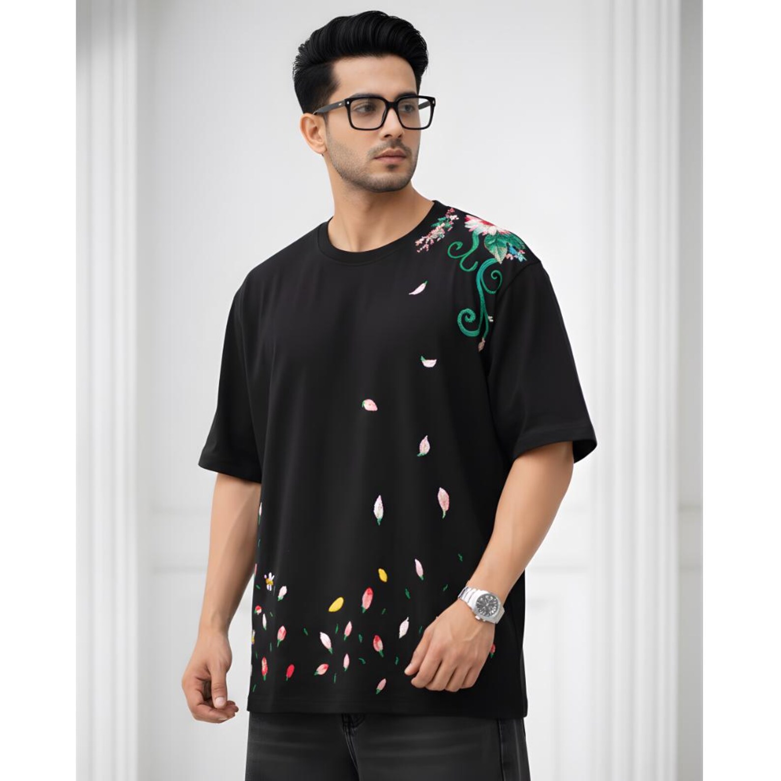 Hand-Embroidered Floral Oversized T-Shirt, Indian Wearable Art, Designer T-Shirt